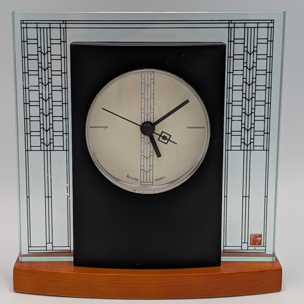 Bulova Frank Lloyd Wright Exhibition Mantel Clock Black Glass Wood B1845 Works